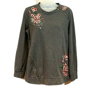 Nanette Lepore Gray Floral Embroidered Pullover Sweatshirt Size Small